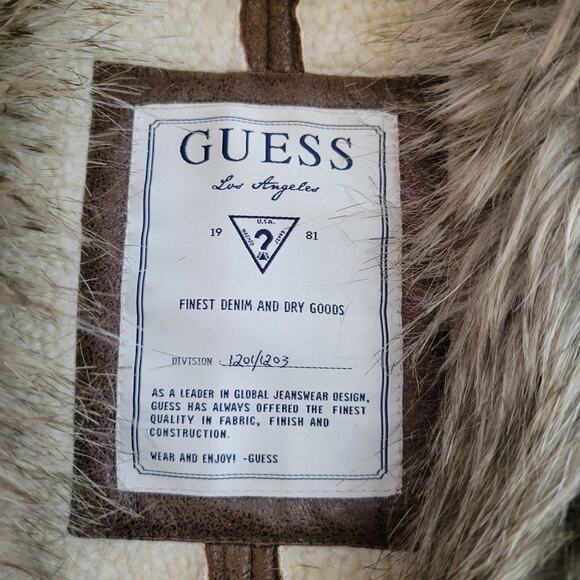 Guess Brown Faux Leather Knee Length Coat Faux Fur Collar Zip Pockets Small - Picture 12 of 13